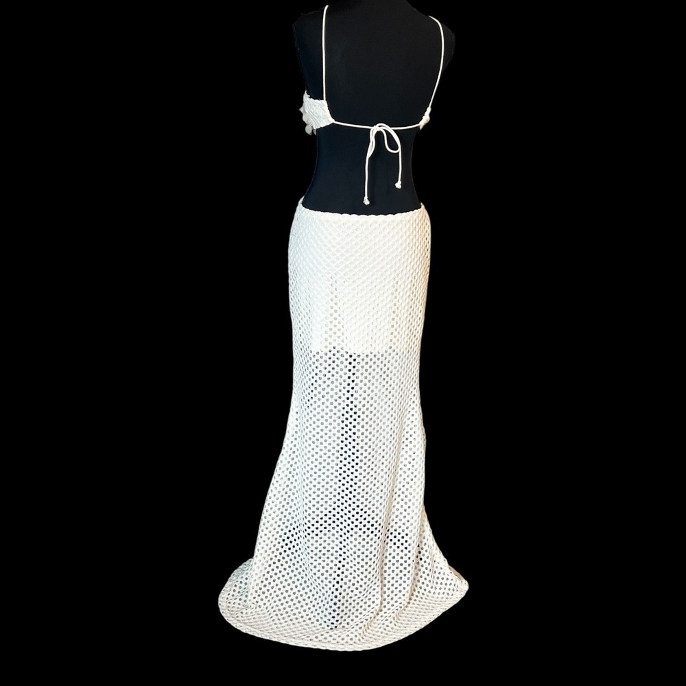 Ivory Crochet Mermaid Maxi Dress Cutout Open Knit‎ Boho Beach Resort Small - Picture 7 of 16